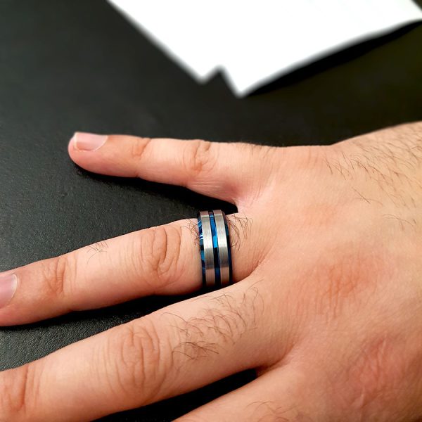انگشتر مردانه تنگستن آبی نقره‌ای